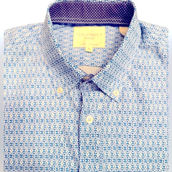 CON.STRUCT Slim Fit Short Sleeve Button Down Shirt Blue Geometric Print Sz Small - Picture 4 of 6